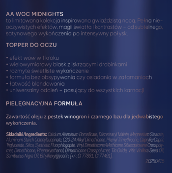 AA WOC MIDNIGHTS Topper do oczu. Biały tekst z opisem produktu i składem na ciemnoniebieskim tle.