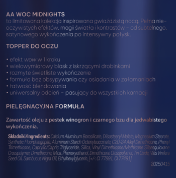Tekstowa reklama AA WOC MIDNIGHTS Topper do oczu na ciemnym tle, opisująca blask i składniki.
