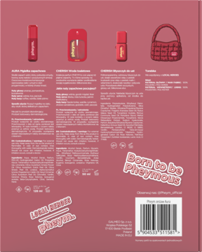 Tył czerwono-różowego opakowania zestawu Local Heroes x Pheym, z grafikami kosmetyków i listą składników.