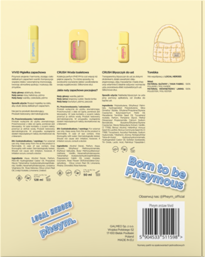 Tył kremowego opakowania zestawu Local Heroes x Pheym VIVID, z opisem produktów i kodem kreskowym.