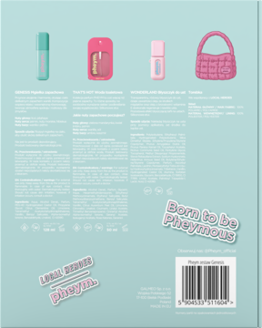 Tył miętowego opakowania zestawu Local Heroes x Pheym GENESIS, z tekstem, kodem kreskowym i ikonami produktów.