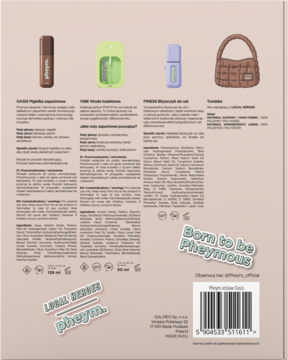 Tył opakowania zestawu Local Heroes x Pheym OASIS z ilustracjami mgiełki, perfum, błyszczyka, torebki. Tekst i kod.