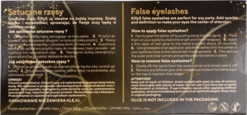 Tył opakowania sztucznych rzęs z instrukcjami aplikacji i usuwania po polsku i angielsku. Ostrzeżenia.