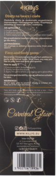 Tylne opakowanie KillyS Carnival Glow, dżety do twarzy i ciała, instrukcje aplikacji, ostrzeżenia, kod EAN.