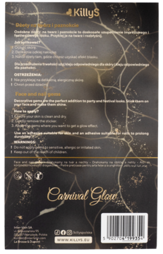 Tył opakowania KillyS Carnival Glow ozdób do twarzy i paznokci, ciemne, błyszczące, z instrukcją i kodem kreskowym.