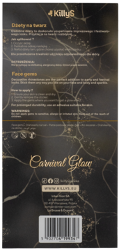 KillyS Carnival Glow Dżety na twarz. Tył czarnego opakowania z instrukcją i złotym wzorem marmuru.