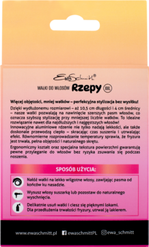 Tył opakowania wałków do włosów Ewa Schmitt RZEP XXL, z opisem cech i instrukcją użycia w języku polskim.