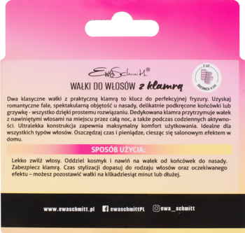 Tył opakowania różowych wałków do włosów z klamrą Ewa Schmitt. Widoczny opis i sposób użycia produktu.