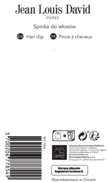 Tylna strona opakowania spinki do włosów Jean Louis David, widoczne logo, kod kreskowy i informacje producenta.
