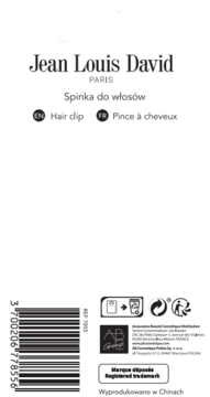 Tył opakowania spinki do włosów Jean Louis David, z widocznym kodem kreskowym i tekstami w trzech językach.