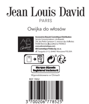 Tył opakowania owijki do włosów Jean Louis David z kodem kreskowym, informacją "Wyprodukowano w Chinach" i recyklingowymi symbolami.