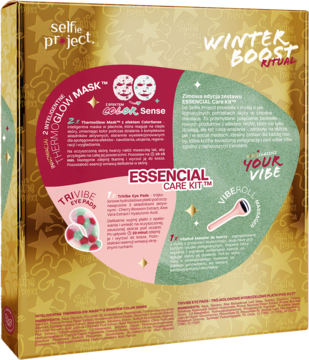 Front złotego pudełka Essencial Care Kit Winter Boost z maskami, płatkami pod oczy i masażerem VibeRoll.