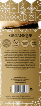 Tył złotego opakowania Organique z białymi świątecznymi wzorami. Widoczne ikony: Vegan, Polska Marka, Made in EU i kod kreskowy.