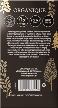 Tył ciemnobrązowego opakowania kosmetyków ORGANIQUE. Złote detale roślinne, polskie opisy, etykiety vegan i handmade, barcode.