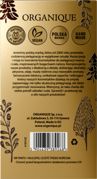 Tył złotego opakowania polskiego kosmetyku ORGANIQUE, z logo VEGAN, kodem kreskowym, i tekstem o naturalnej pielęgnacji.