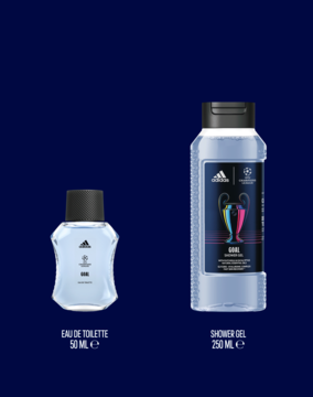 Zestaw Adidas UEFA Goal: woda toaletowa 50ml i żel pod prysznic 250ml. Jasnoniebieskie butelki na ciemnym tle.
