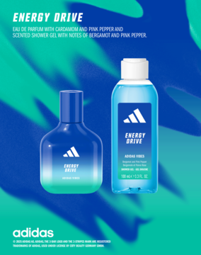 Adidas Energy Drive zestaw: woda perfumowana i żel pod prysznic w niebiesko-zielonych butelkach. Widok frontalny.