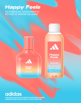 Adidas Happy Feels: flakon EDP i żel pod prysznic z grejpfrutem i jaśminem, gradient pomarańczowo-niebieski, widok z przodu.