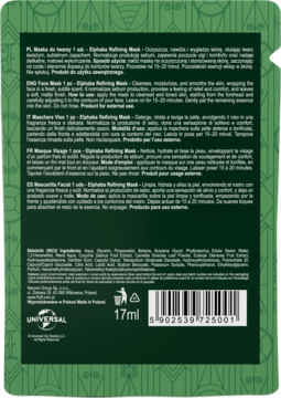 Tył zielonej saszetki maski Elphidia Refining 17ml, z art-deco wzorem, instrukcjami i kodem kreskowym.