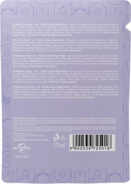 Tył fioletowej saszetki maseczki do twarzy Disney Lilo & Stitch, z białym tekstem, kodem kreskowym i napisem 17ml.