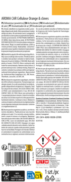 Tył opakowania AROMA CAR Cellulose Orange & cloves, odświeżacza, z napisami, kodem, piktogramami.