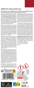 Biały tył opakowania AROMA CAR Cellulose Mulled wine air freshener, widoczne ostrzeżenia i wielojęzyczny tekst.