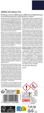 Tył opakowania zapachu AROMA CAR Cellulose Pine, z informacjami o składnikach, kodem kreskowym i piktogramami.