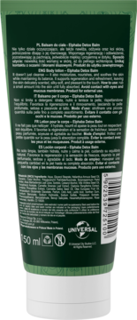 Tył zielonej tuby Elphabas Detox Balm (balsam do ciała) z wielojęzycznym opisem i kodem kreskowym.