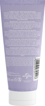 Tył fioletowej tubki balsamu Glinda Upland Silky Glow Balm 50 ml. Widoczne napisy z opisem produktu, kod kreskowy.