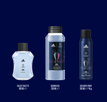 Adidas UEFA Goal: Woda toaletowa 50ml, żel pod prysznic 250ml, dezodorant 150ml. Widok frontalny na granatowym tle.