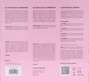 Tył różowego opakowania zestawu Routines by Alkmie Sparkly Suprise z opisami żelu, balsamu i zabawki, kodem EAN.