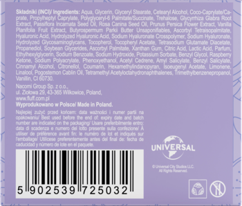 Tył fioletowego opakowania kremu Glinda Upland Radiant Touch z listą składników INCI i kodem kreskowym.