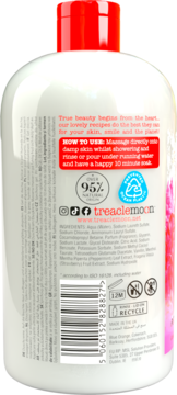 Tył butelki żelu Treaclemoon Strawberry Candy Cane: instrukcja, skład (95% naturalny) i kod kreskowy.