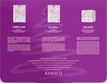 Tył purpurowego opakowania zestawu Kimoco z opisem produktów: masek Hydrogel, Jelly i kremu Aqua.