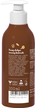 Naturalne mydło karmelowo-kokosowe w brązowej butelce z pompką, widok z tyłu z polskim opisem i kodem kreskowym.