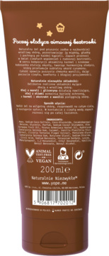 Tył brązowej tuby żelu pod prysznic Yope 200ml, z białym tekstem, składnikami i logo Vegan.