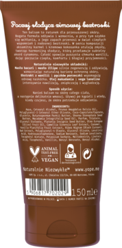 Tył brązowego balsamu do ciała Yope "Zimowa Beztroska" 150ml, o zapachu wanilii i piernika. Wegański.