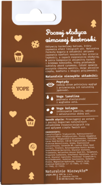 Tył brązowego opakowania balsamu YOPE o zapachu karmelu, z zimową grafiką i szczegółowym opisem składników.