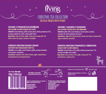 Tył purpurowego opakowania Irving Christmas Tea Collection z białym logo, detalami 4 herbat i instrukcjami.