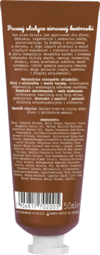 Tył brązowego kremu do rąk 50ml w tubce, z polskim opisem zapachu karmelu i wanilii.