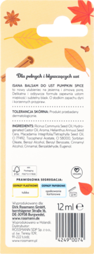 Tył opakowania Isana balsam do ust Pumpkin Spice, jesienny wzór liści, składniki, 12ml.