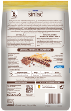 Tył opakowania Nestle Sinlac dla dzieci, z grafiką unikalnej kombinacji składników i polskim tekstem.