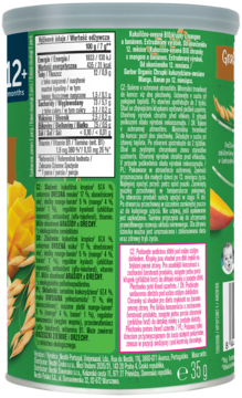 Gerber Organic Chrupki kukurydziano-owsiane Mango, Banan, tył zielonego opakowania z tabelą wartości odżywczych.
