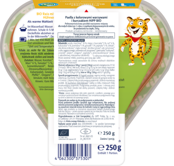 Tył opakowania HiPP BIO Paella z kurczakiem i warzywami 250g dla dzieci, sercowatego kształtu, z polskim opisem.