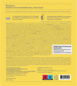 Tył żółtego opakowania Biodance Radiant Vita Niacinamide Real Deep Mask z tekstem o składnikach i działaniu.