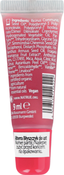 Alterra błyszczyk truskawkowy. Tył różowego opakowania ze składem, certyfikatem Vegan i 9ml.