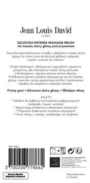 Tył opakowania szczotki Jean Louis David Intense Massage Brush, z polskim opisem korzyści i kodem kreskowym.