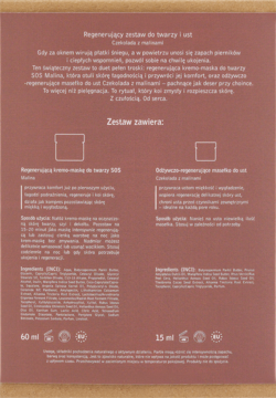 Tył brązowego opakowania zestawu regenerującego Czekolada z malinami z opisem i składnikami produktu.