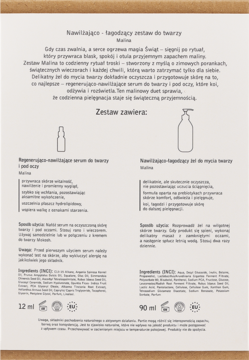Ulotka zestawu Malina: schematyczne butelki serum 12ml i żelu 90ml na beżowym tle z polskim opisem.