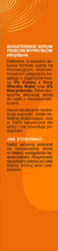 Tekst o heroicznym serum przeciw wypryskom z 5% Kwasem Kory Wierzby i 4% Niacynamidem na pomarańczowym tle.